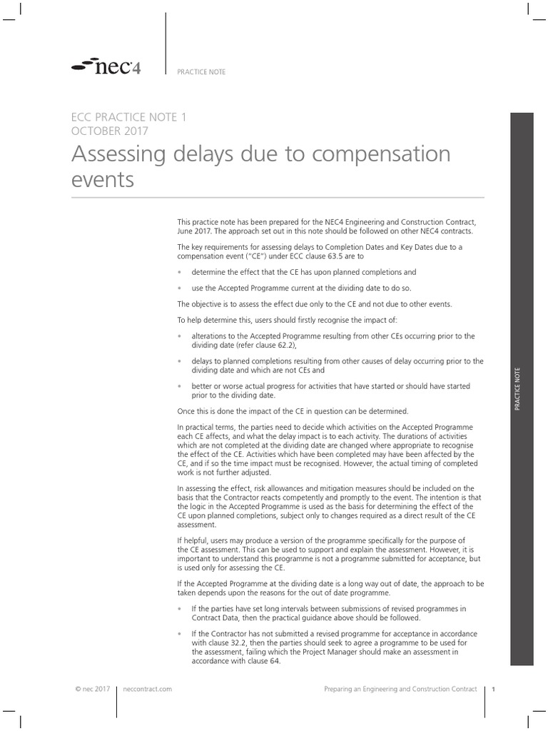 Assessing Delays Due To Compensation Events: Ecc Practice Note 1 ...