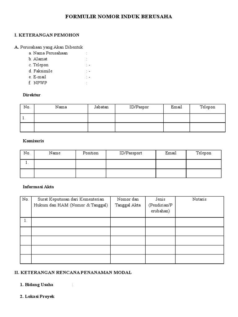 IND Business Identification Number (NIB) Application Form PDF