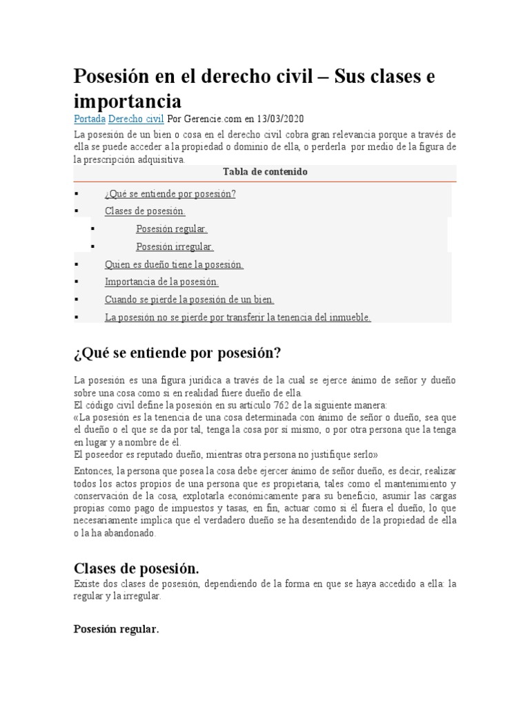 Posesión en El Derecho Civil | PDF | Posesión (Ley) | Propiedad