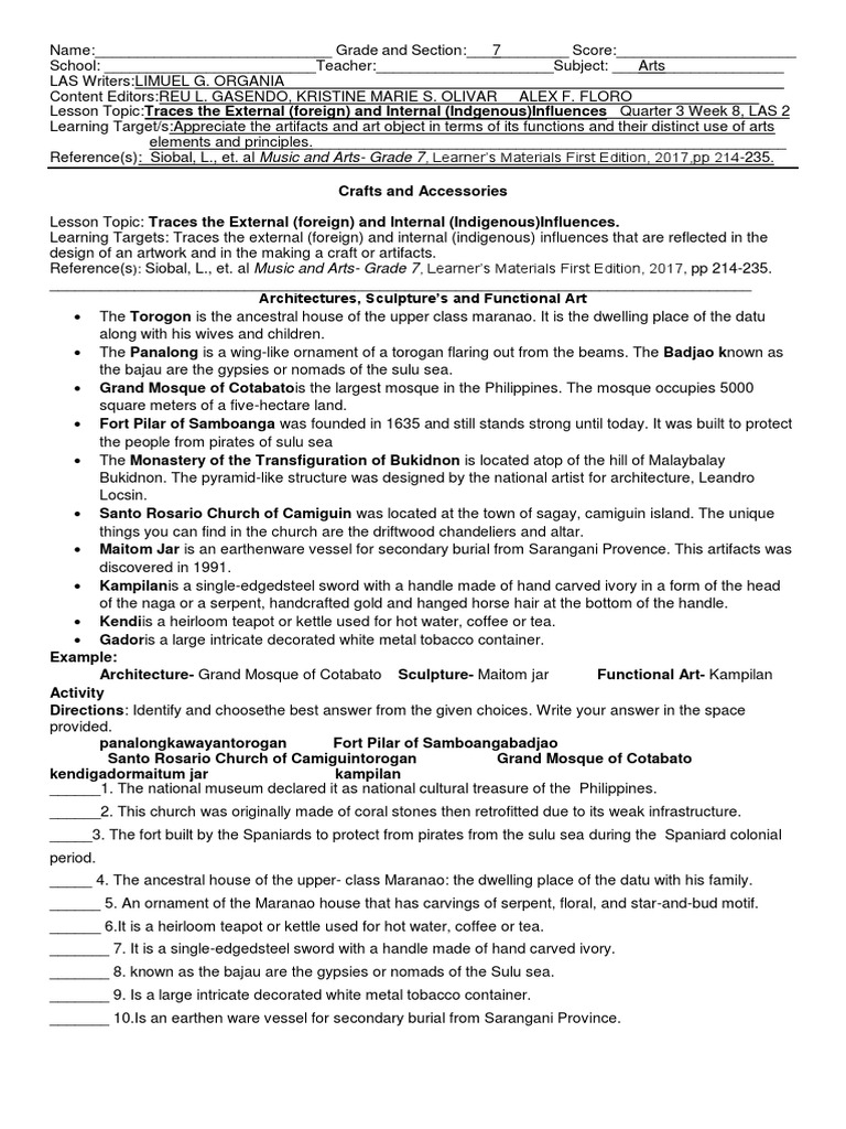 Arts 7 Quarter 3 Week 8 Las #2 | PDF | Sculpture | Arts (General)
