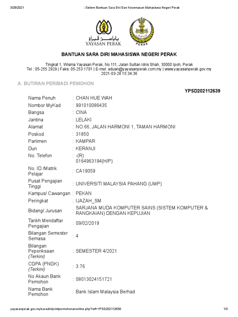 Sistem Bantuan Sara Diri Dan Kecemasan Mahasiswa Negeri Perak Pdf