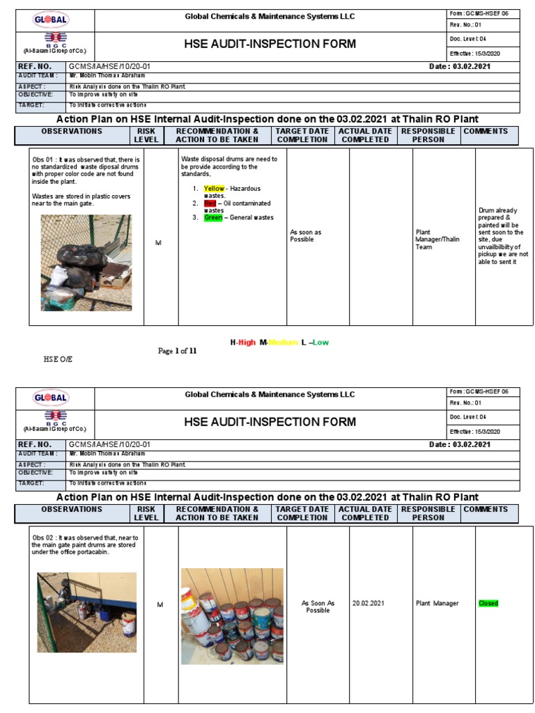 HSE Audit Report for Thalin RO Plant | PDF | Risk | Safety