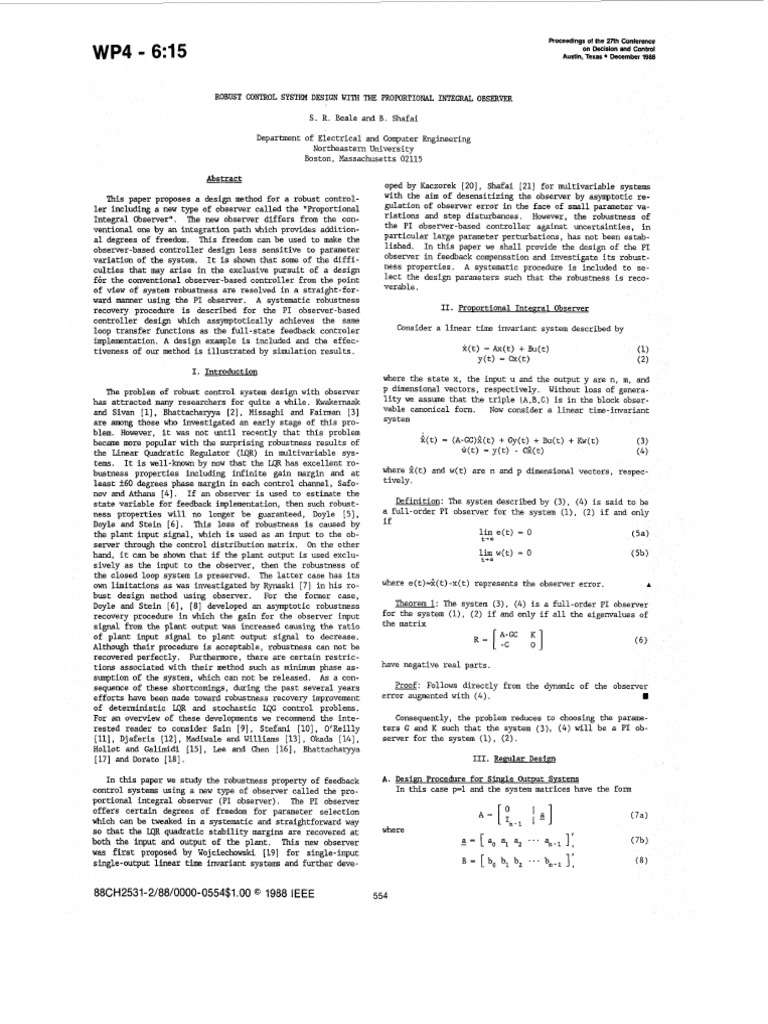 Robust Control with Proportional Integral Observer | PDF | Control ...
