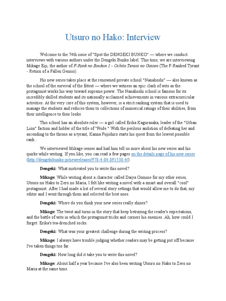 Utsuro No Hako To Zero No Maria Volume Interview With Eiji Mikage 01 31 17 Pdf Leisure