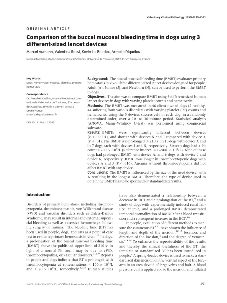Comparison of The Buccal Mucosal Bleeding Time in Dogs Using 3 ...