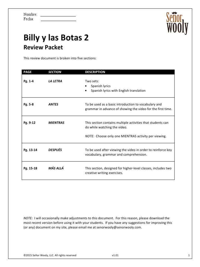 Billy y Las Botas 2: Review Packet | PDF