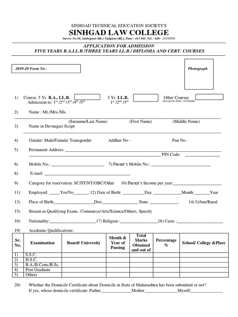 Sinhgad Law College Application For Admission Five Years B.A.Ll.B