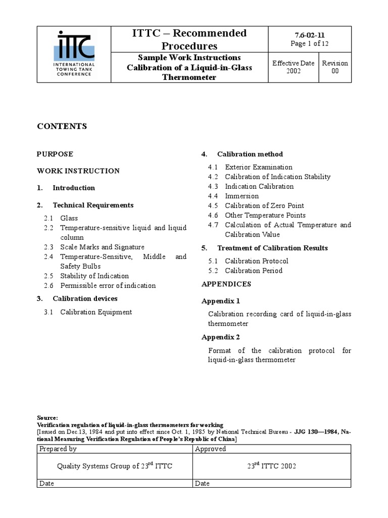 ITTC Procedures Sample Work Instructions Calibration of