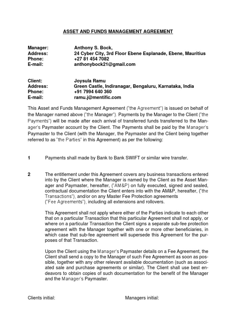 Asset and Funds Management Agreement | PDF | Confidentiality ...