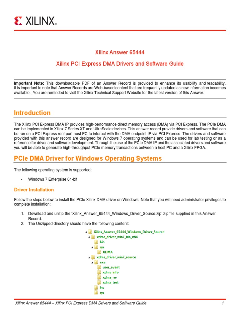 Xilinx Answer 65444 Xilinx PCI Express DMA Drivers and Software Guide