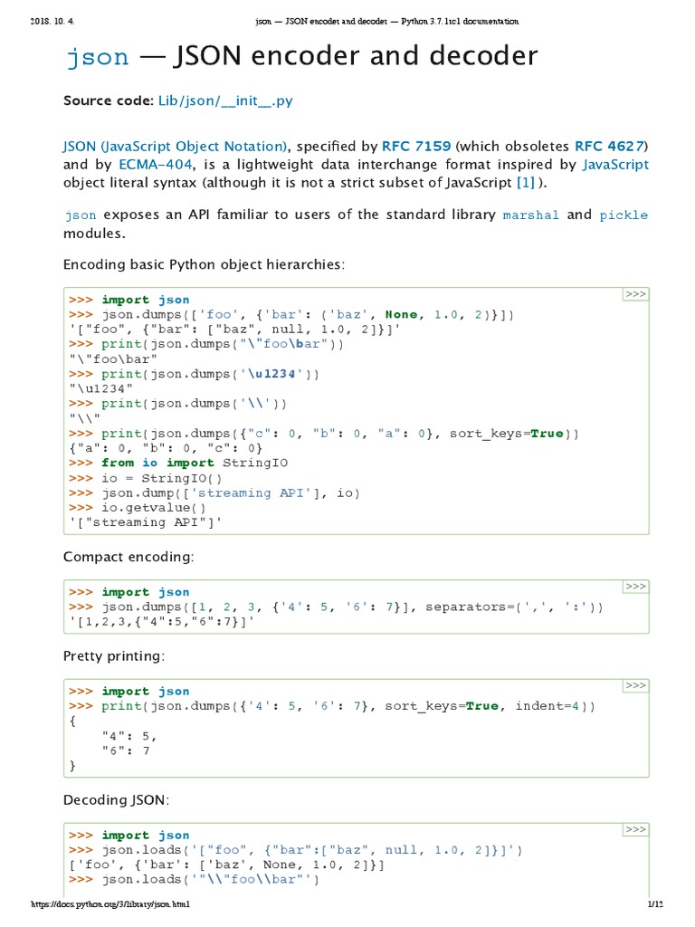 Json - JSON Encoder and Decoder - Python 3.7.1rc1 Documentation | PDF ...