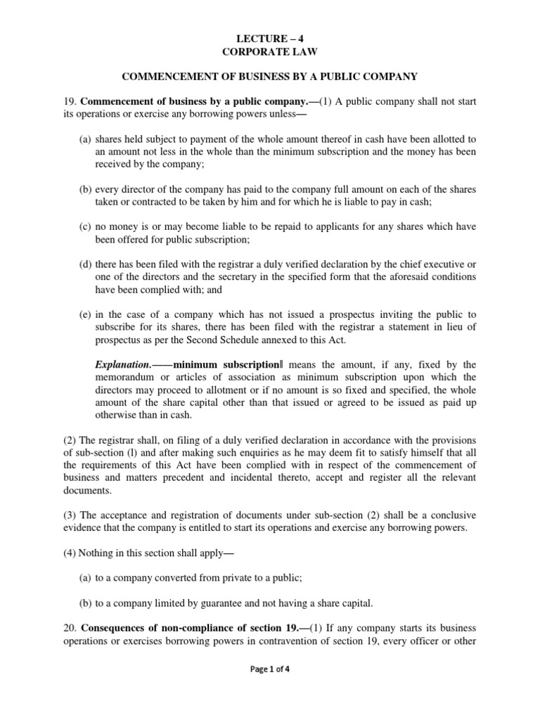 LECTURE 4 Commencement of Business by A Public Company, Registered