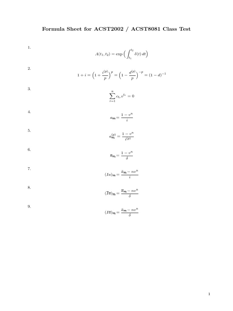 ACST2002/ACST8081 Test Formula Sheet | PDF