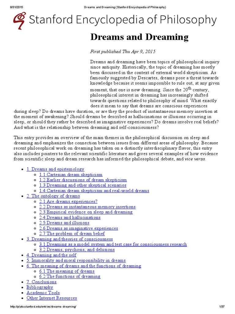 Stanford Encyclopedia of Philosophy: Dreams and Dreaming | PDF | Dream ...