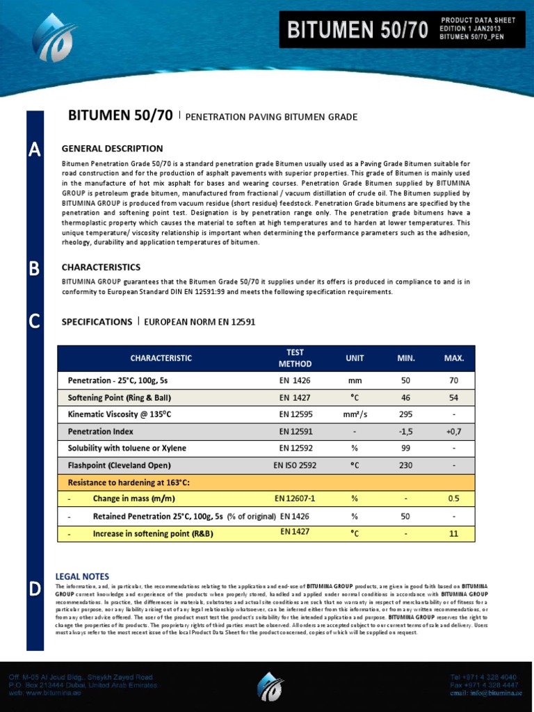 Bitumen 50/70 Specifications and Uses | PDF | Asphalt | Road Surface