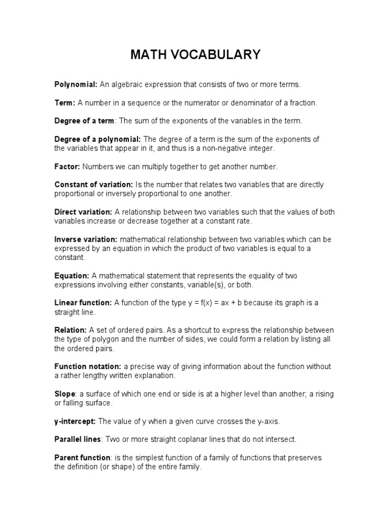 Math Vocabulary | PDF | Variable (Mathematics) | Equations