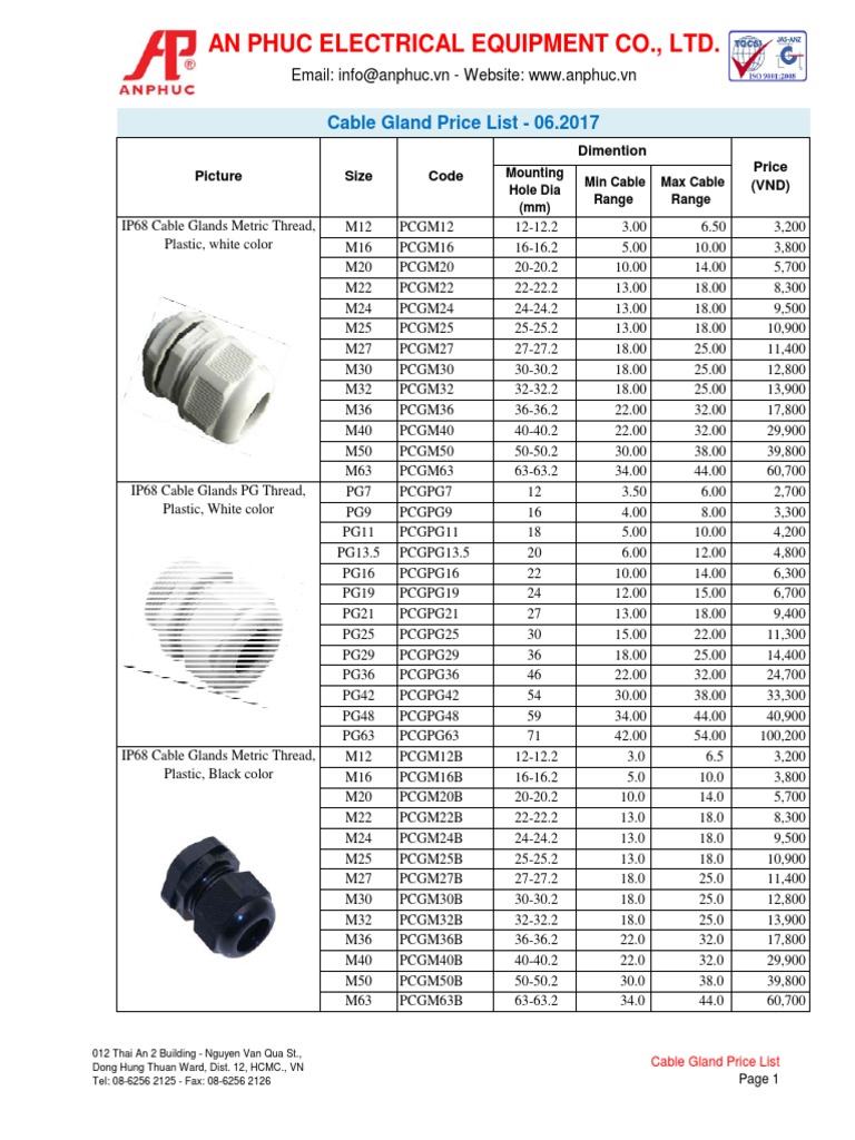 An Phuc Electrical Equipment Co., LTD. Cable Gland Price List 06.