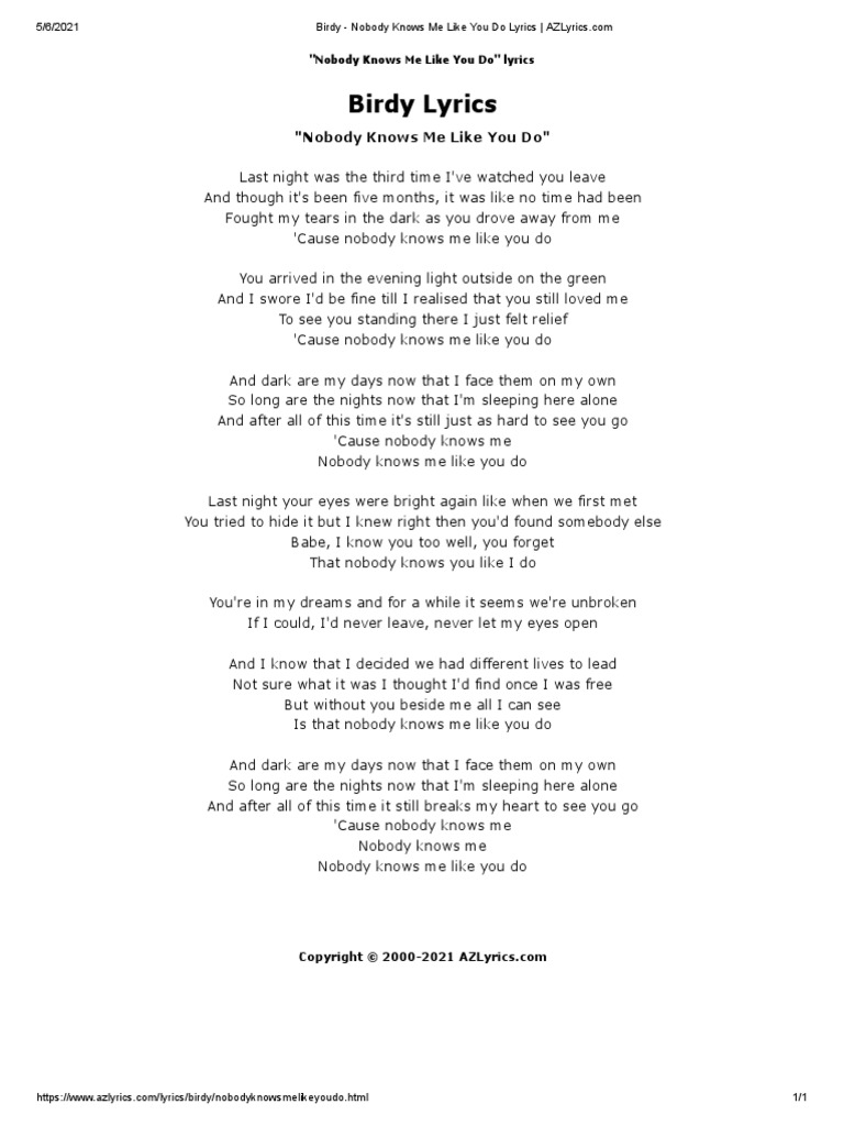 Birdy Nobody Knows Me Like You Do Lyrics PDF