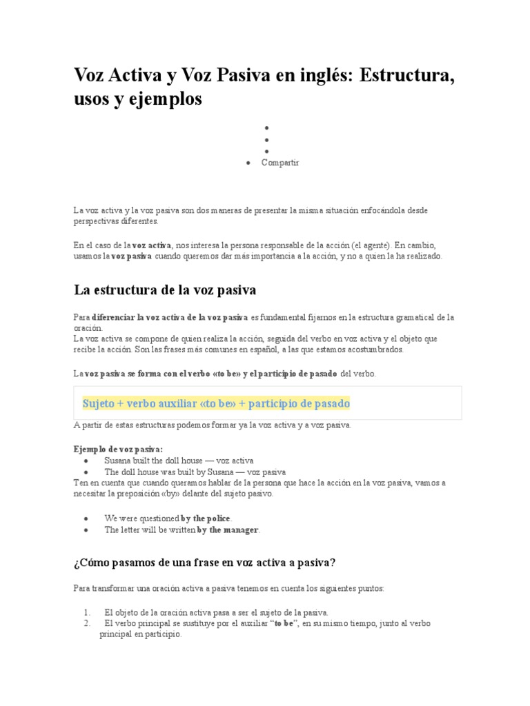 Voz Activa y Pasiva en Inglés: Ejemplos y Estructura | PDF | Verbo ...