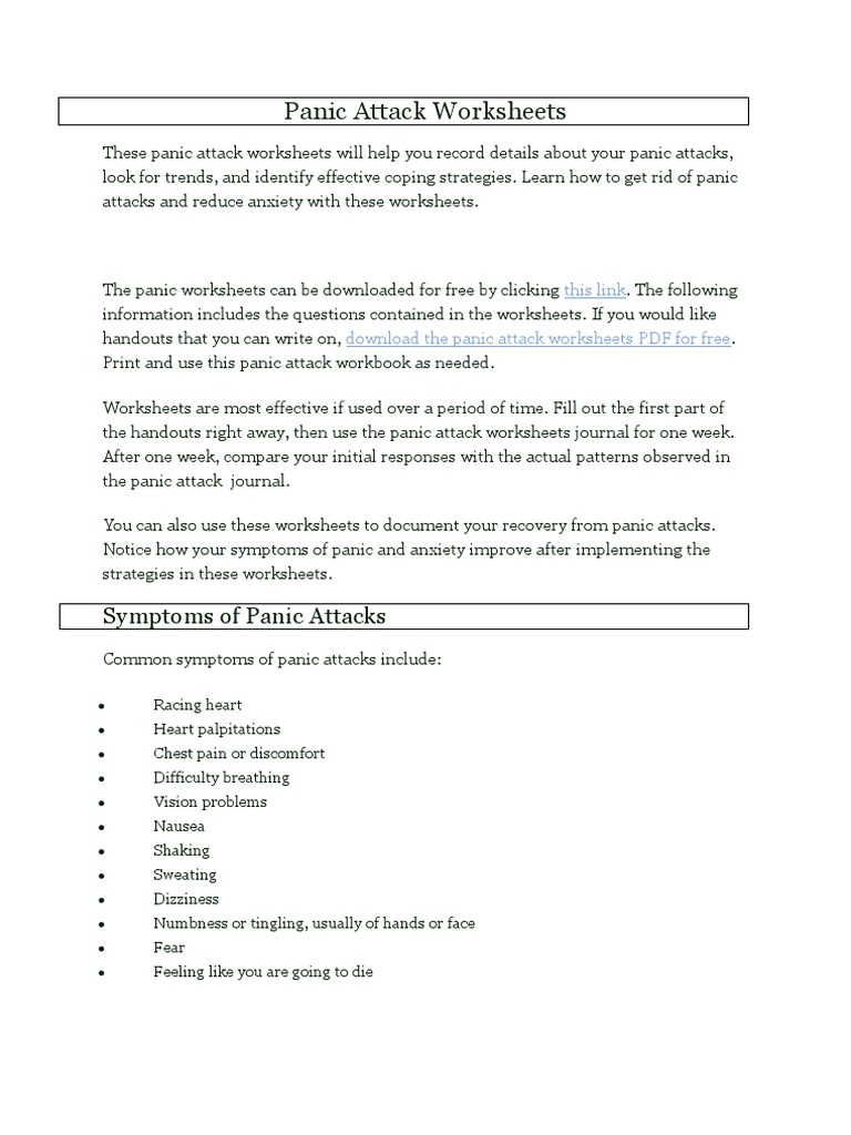 Panic Attack Worksheets PDF Panic Attack Anxiety