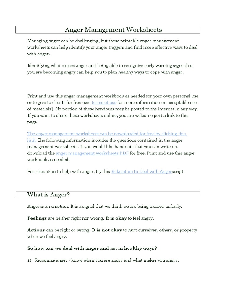 Anger Management Worksheets | PDF | Anger | Feeling for Free Printable Anger Triggers Worksheet
