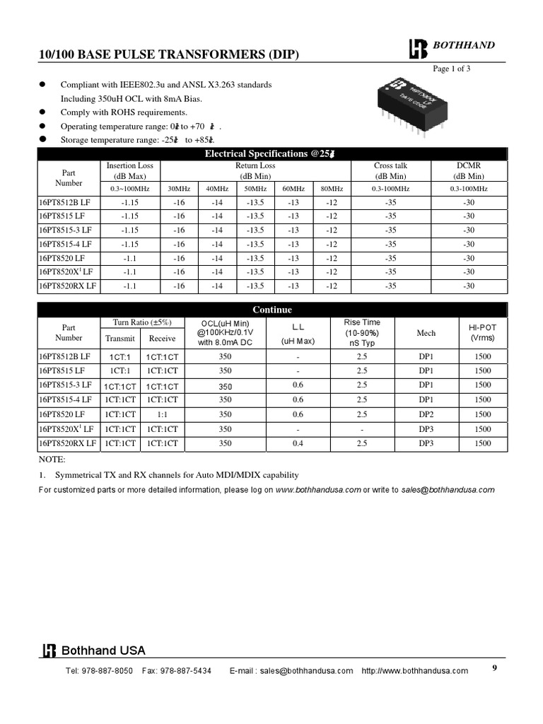 Datasheet 10/100 BASE PULSE TRANSFORMERS (DIP) Boothhand PDF