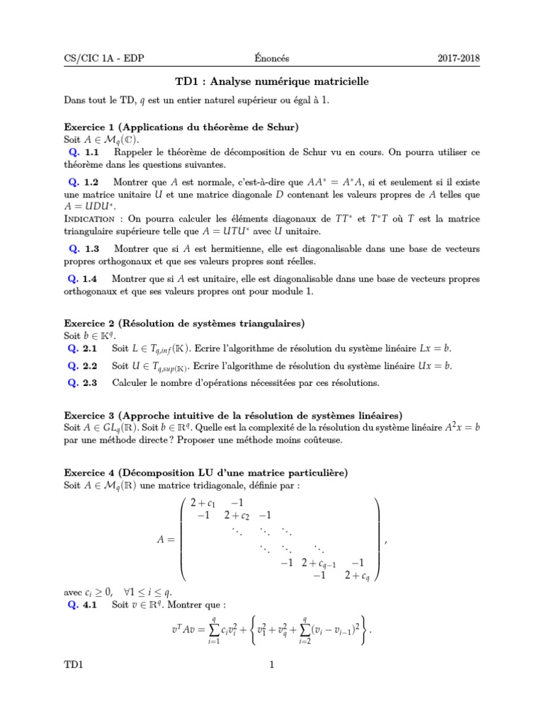 Analyse numérique matricielle TD1 2017-2018 | PDF | Matrice ...