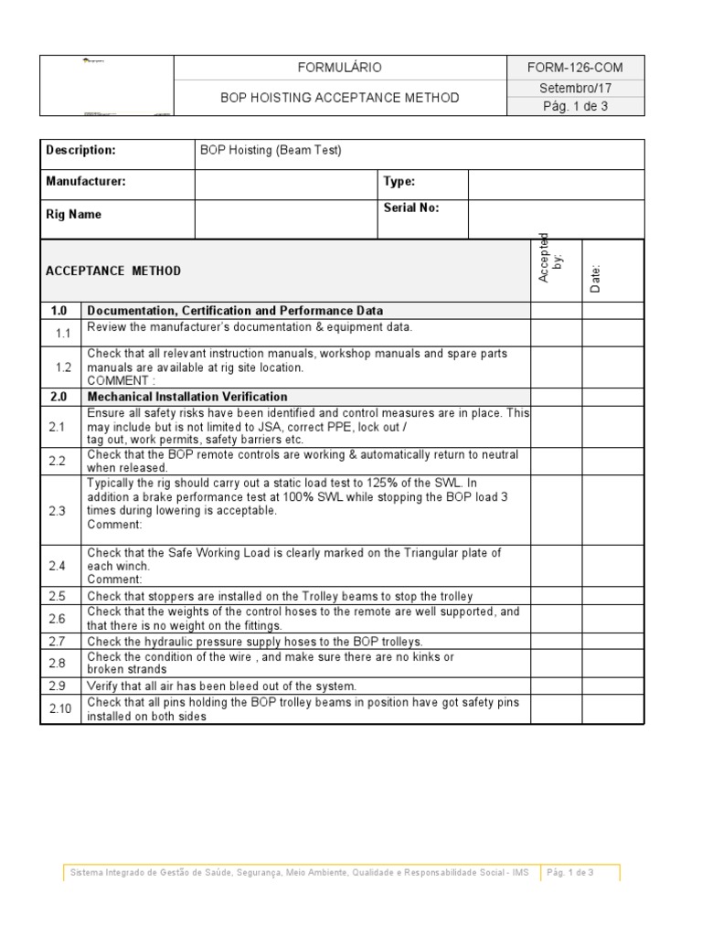 BOP Hoisting Acceptance Method Guide | PDF | Manufactured Goods | Equipment
