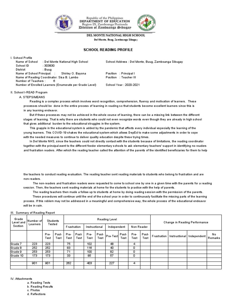 Del Monte National High School Reading Profile | PDF | Reading ...
