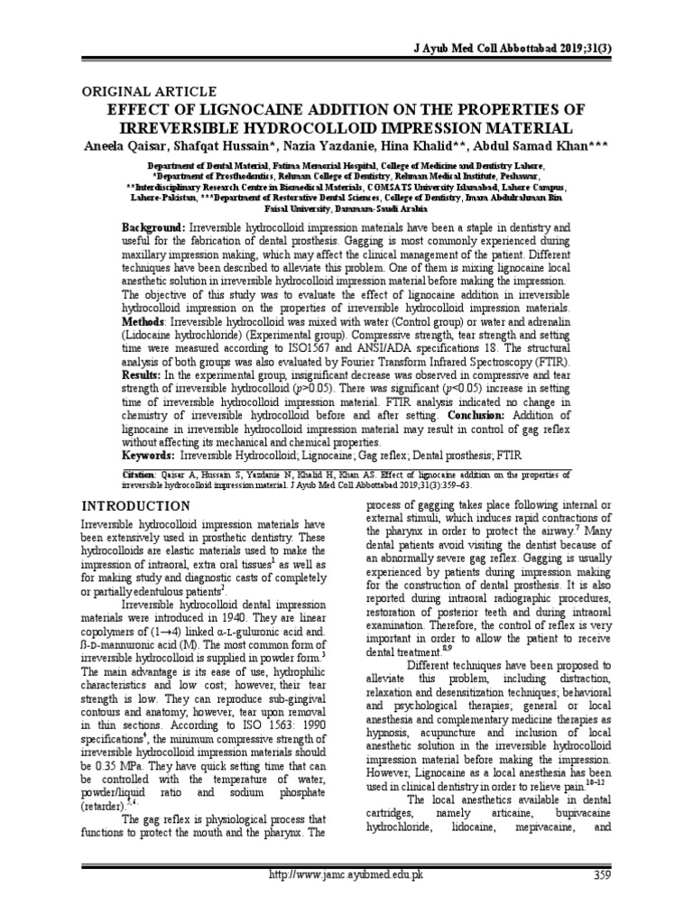 Effect of Lignocaine Addition On The Properties of Irreversible