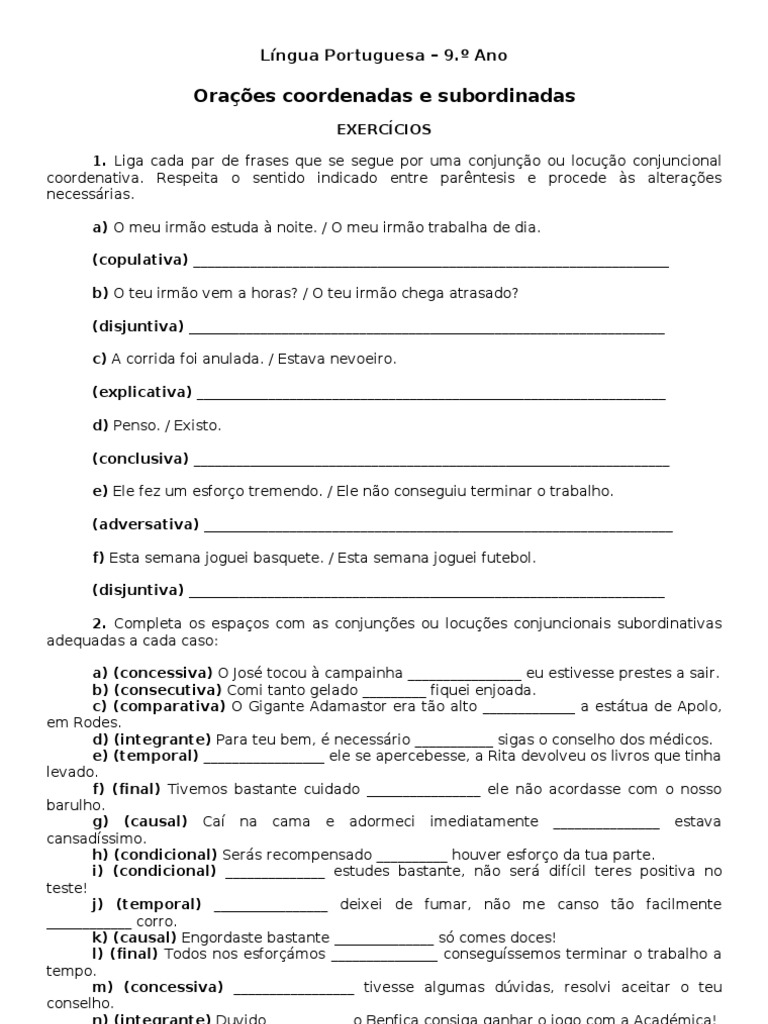 Exercícios de Orações Coordenadas e Subordinadas | PDF