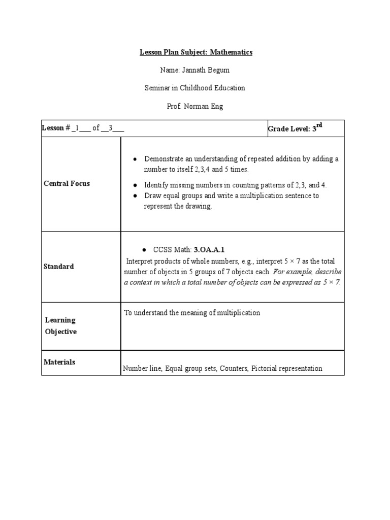 3rd Grade Multiplication Lesson Plan | PDF | Multiplication ...