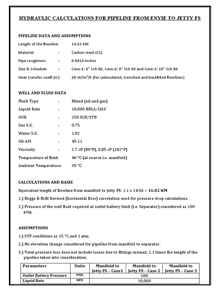 Hydraulic Calculations For ENYIE Pipeline To Jetty FS (10 Inch SCH 80