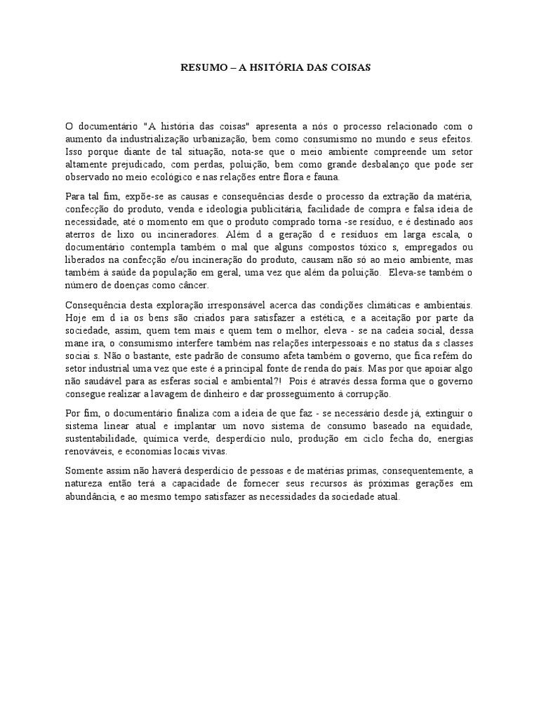 Resumo Do Documentário A Historia Das Coisas | PDF