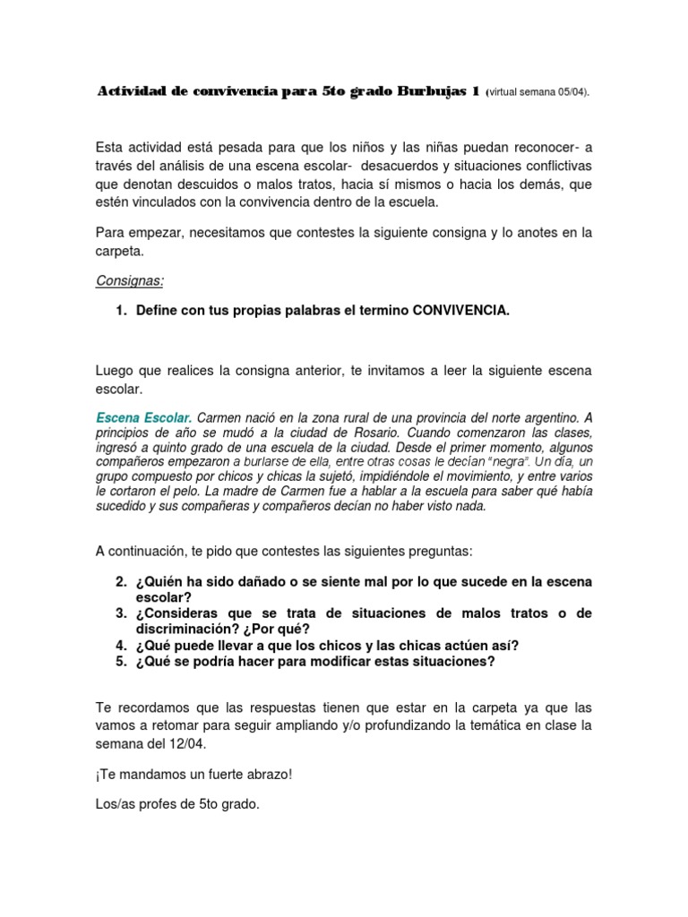 Actividad de Convivencia para 5to Grado. | PDF