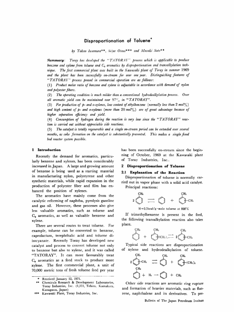 TATORAY Process for Toluene Disproportionation | PDF | Benzene | Toluene
