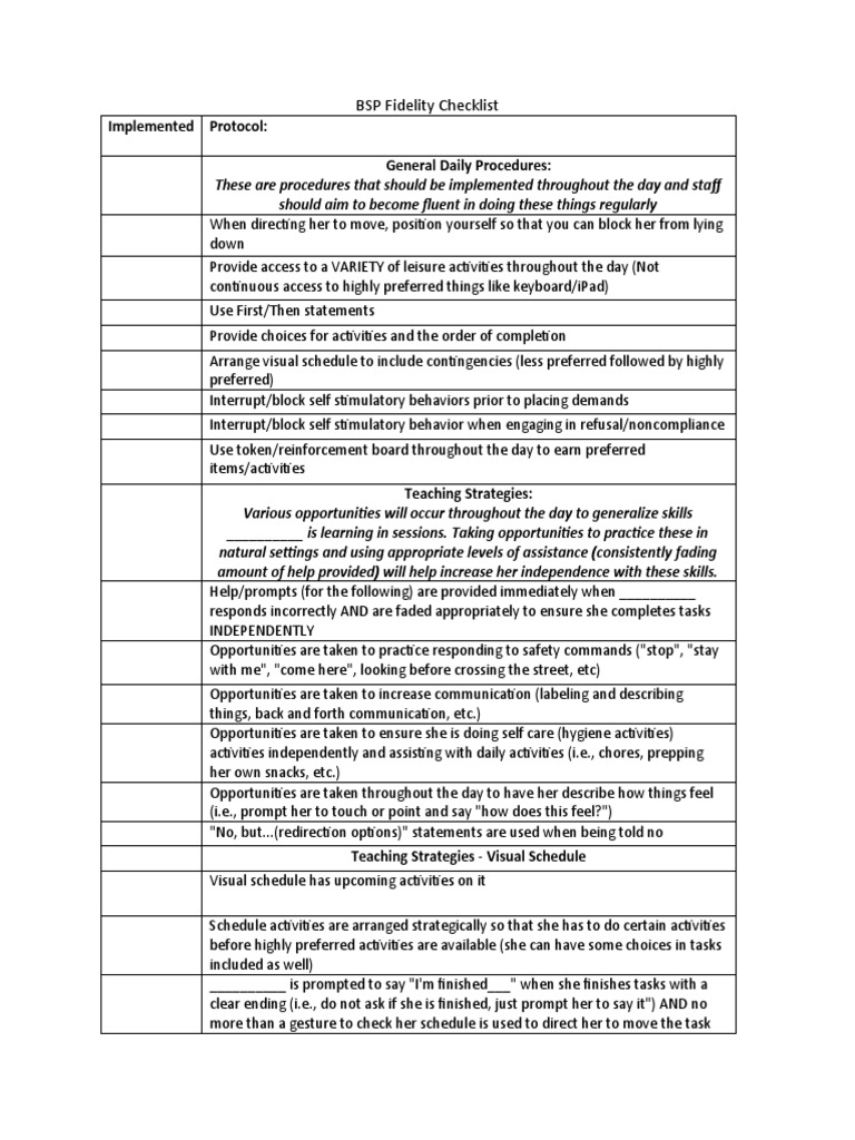 Bsp fidelity checklist form pdf reinforcement behavioural sciences