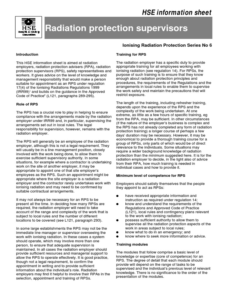 Radiation Protection Supervisors HSE Information Sheet PDF