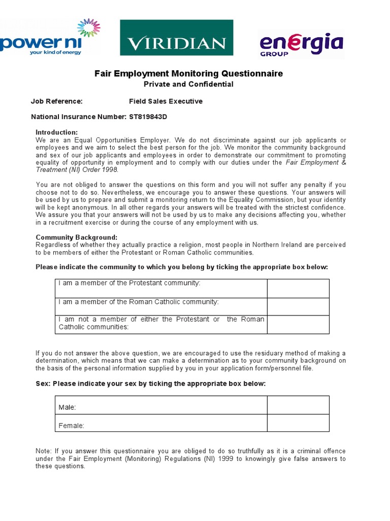 Fair Employment Monitoring Questionnaire