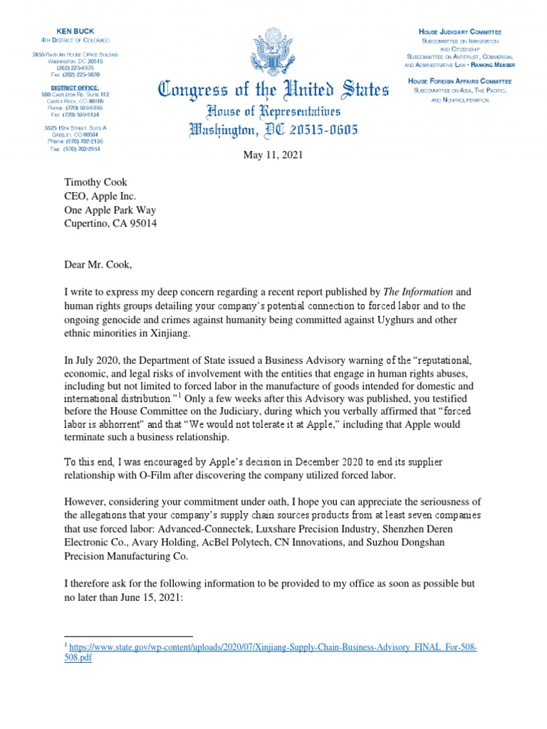 (DAILY CALLER OBTAINED) Letter To Tim Cook Re Forced Labor | PDF ...