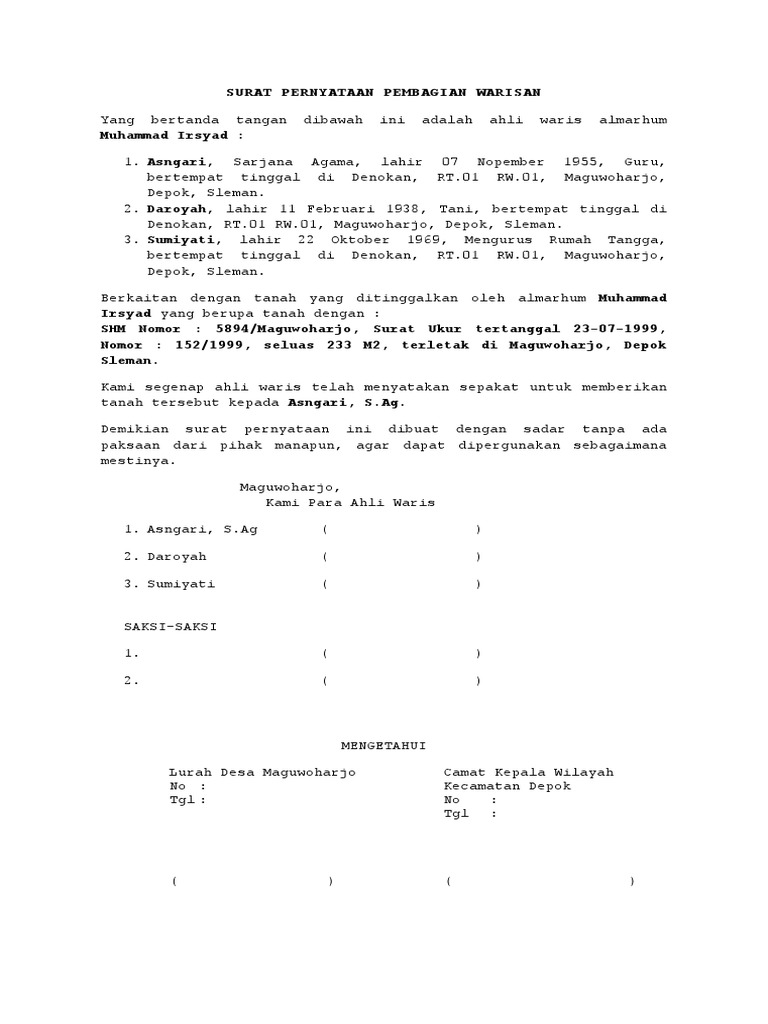 SURAT PERNYATAAN PEMBAGIAN WARISAN