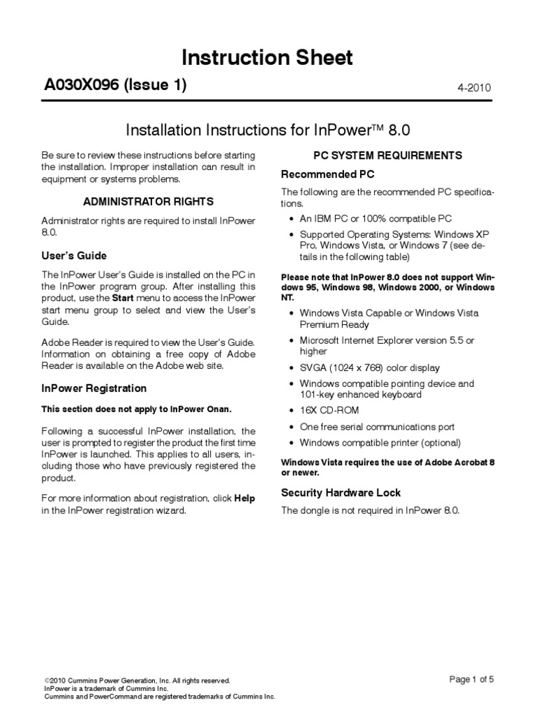 Instruction Sheet: Installation Instructions For Inpower™ 8.0 | PDF ...