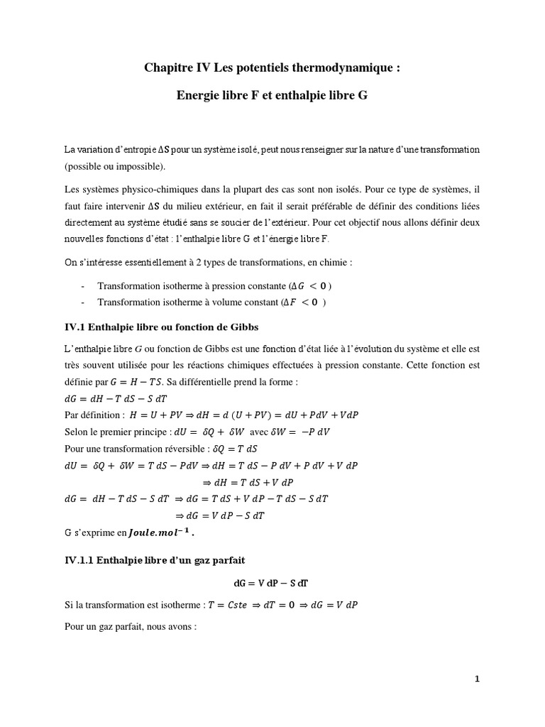 Enthalpie et énergie libres en chimie | PDF | Enthalpie libre | Enthalpie