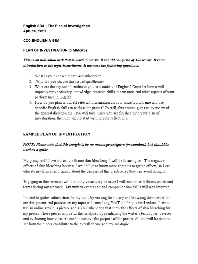 English SBA The Plan of Investigation PDF
