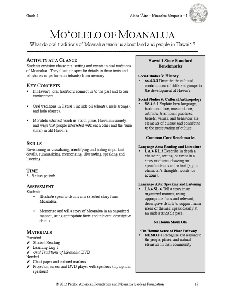 Lesson 1 Moolelo of Moanalua PDF Traditions Oral Tradition