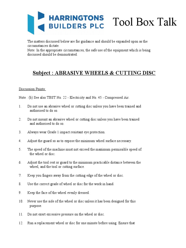 TOOLBOX TALK No 3 Abrasive Wheels & Disc Cutting