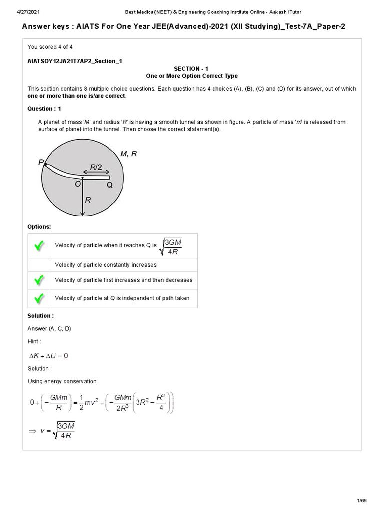 Answer Keys AIATS For One Year JEE (Advanced) 2021 (XII Studying