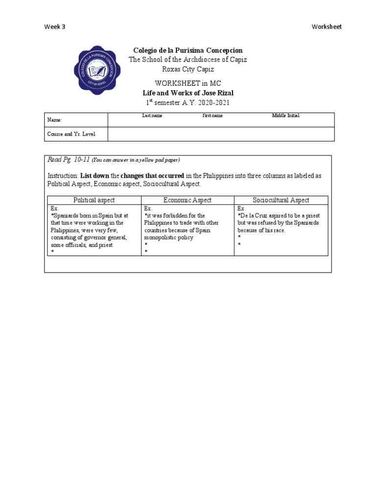 Changes in the Philippines: Week 3 Worksheet | PDF