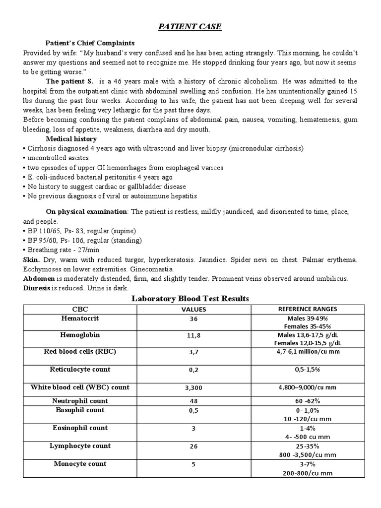 Patient Case Laboratory Blood Test Results PDF Cirrhosis Anemia