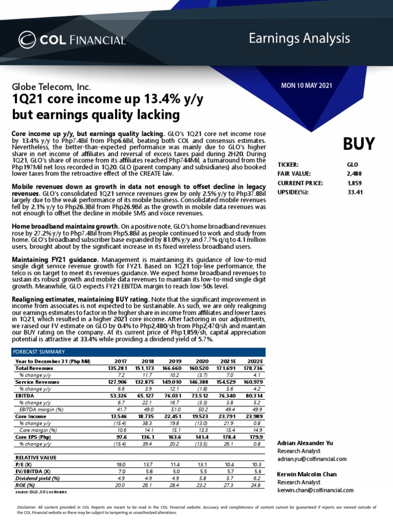 1Q21 Core Up 13.4 Y/y But Earnings Quality Lacking Globe